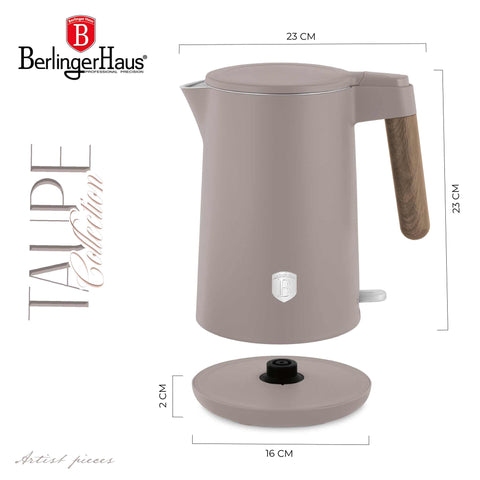 Product image of Double wall kettle. Part of the Taupe Nordic Collection . Features: • Material: 18/10 stainless steel inside, plastic outside • Capacity: 1,7L • Voltage: 220-240V, 50/60Hz • Power: 2200 W • Size: 23*16*25 cm • Lengt.... (Studio view). Official Berlinger Haus product, boosted by Promintra sl.