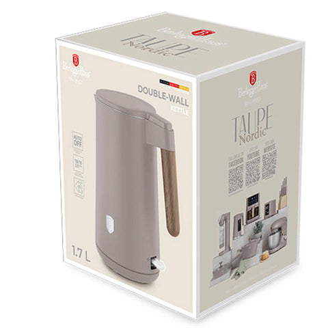 Product image of Double wall kettle. Part of the Taupe Nordic Collection . Features: • Material: 18/10 stainless steel inside, plastic outside • Capacity: 1,7L • Voltage: 220-240V, 50/60Hz • Power: 2200 W • Size: 23*16*25 cm • Lengt.... (Studio view). Official Berlinger Haus product, boosted by Promintra sl.
