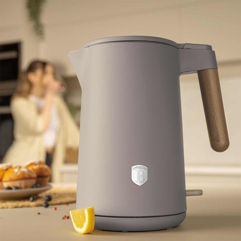 Product image of Double wall kettle. Part of the Taupe Nordic Collection . Features: • Material: 18/10 stainless steel inside, plastic outside • Capacity: 1,7L • Voltage: 220-240V, 50/60Hz • Power: 2200 W • Size: 23*16*25 cm • Lengt.... (Studio view). Official Berlinger Haus product, boosted by Promintra sl.