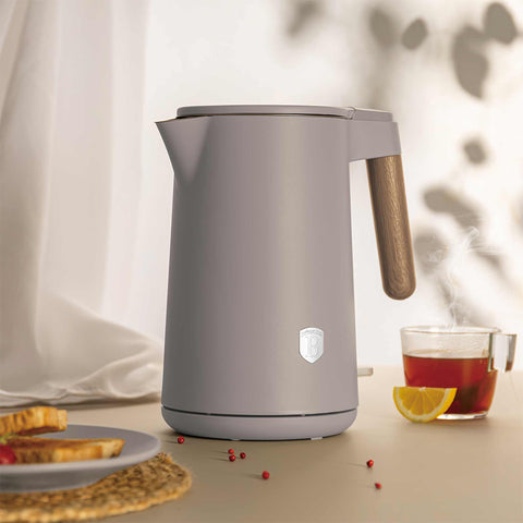 Product image of Double wall kettle. Part of the Taupe Nordic Collection . Features: • Material: 18/10 stainless steel inside, plastic outside • Capacity: 1,7L • Voltage: 220-240V, 50/60Hz • Power: 2200 W • Size: 23*16*25 cm • Lengt.... (Studio view). Official Berlinger Haus product, boosted by Promintra sl.