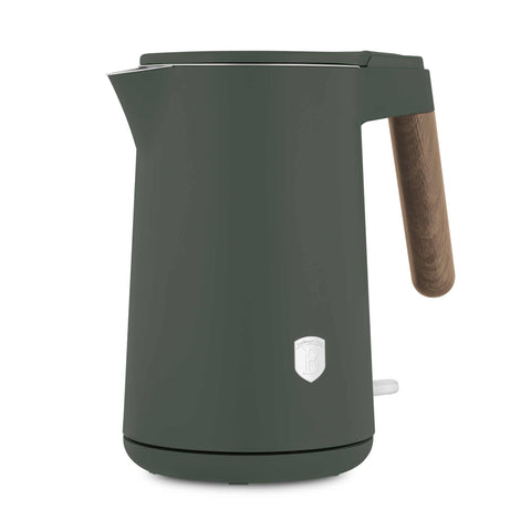 Product image of Double wall kettle. Part of the Matte Green Collection . Features: • Material: 18/10 stainless steel inside, plastic outside • Capacity: 1,7L • Voltage: 220-240V, 50/60Hz • Power: 2200 W • Size: 23*16*25 cm • Lengt.... (Studio view). Official Berlinger Haus product, boosted by Promintra sl.