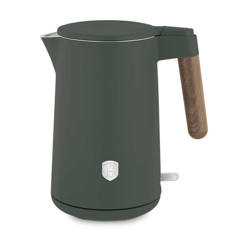 Product image of Double wall kettle. Part of the Matte Green Collection . Features: • Material: 18/10 stainless steel inside, plastic outside • Capacity: 1,7L • Voltage: 220-240V, 50/60Hz • Power: 2200 W • Size: 23*16*25 cm • Lengt.... (Studio view). Official Berlinger Haus product, boosted by Promintra sl.