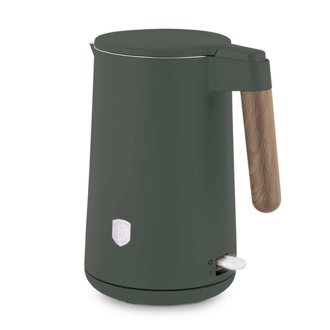 Product image of Double wall kettle. Part of the Matte Green Collection . Features: • Material: 18/10 stainless steel inside, plastic outside • Capacity: 1,7L • Voltage: 220-240V, 50/60Hz • Power: 2200 W • Size: 23*16*25 cm • Lengt.... (Studio view). Official Berlinger Haus product, boosted by Promintra sl.