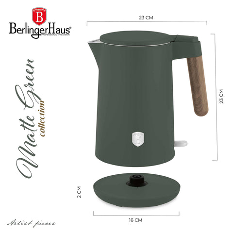 Product image of Double wall kettle. Part of the Matte Green Collection . Features: • Material: 18/10 stainless steel inside, plastic outside • Capacity: 1,7L • Voltage: 220-240V, 50/60Hz • Power: 2200 W • Size: 23*16*25 cm • Lengt.... (Studio view). Official Berlinger Haus product, boosted by Promintra sl.