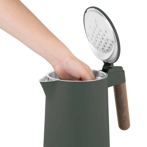 Product image of Double wall kettle. Part of the Matte Green Collection . Features: • Material: 18/10 stainless steel inside, plastic outside • Capacity: 1,7L • Voltage: 220-240V, 50/60Hz • Power: 2200 W • Size: 23*16*25 cm • Lengt.... (Studio view). Official Berlinger Haus product, boosted by Promintra sl.