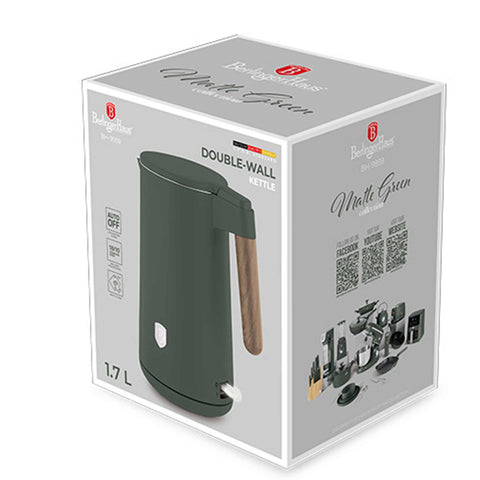 Product image of Double wall kettle. Part of the Matte Green Collection . Features: • Material: 18/10 stainless steel inside, plastic outside • Capacity: 1,7L • Voltage: 220-240V, 50/60Hz • Power: 2200 W • Size: 23*16*25 cm • Lengt.... (Studio view). Official Berlinger Haus product, boosted by Promintra sl.