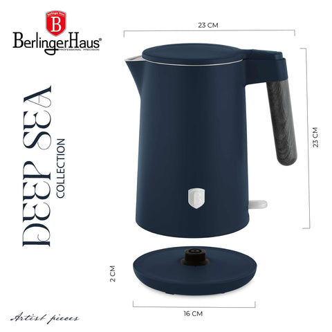 Product image of Double wall kettle. Part of the Deep Sea Collection . Features: • Material: 18/10 stainless steel inside, plastic outside • Capacity: 1,7L • Voltage: 220-240V, 50/60Hz • Power: 2200 W • Size: 23*16*25 cm • Lengt.... (Studio view). Official Berlinger Haus product, boosted by Promintra sl.
