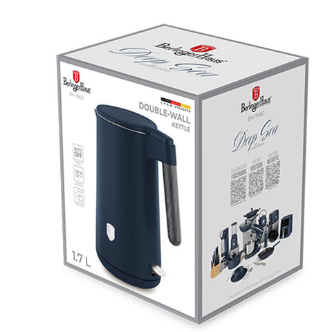 Product image of Double wall kettle. Part of the Deep Sea Collection . Features: • Material: 18/10 stainless steel inside, plastic outside • Capacity: 1,7L • Voltage: 220-240V, 50/60Hz • Power: 2200 W • Size: 23*16*25 cm • Lengt.... (Studio view). Official Berlinger Haus product, boosted by Promintra sl.