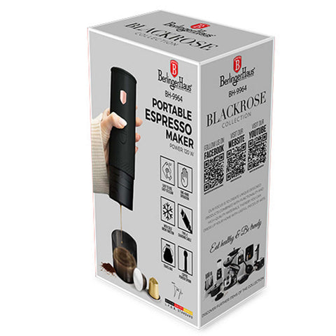 Product image of Rechargeable portable espresso coffee maker 2in1. Part of the Black Rose Collection . Features: • Material: stainless steel, plastic • Power: 120 W • Rechargeable battery: 3 x 2600 mAh • Charging time: 3-4 hours • 100 ml water tank • Accessori.... (Studio view). Official Berlinger Haus product, boosted by Promintra sl.