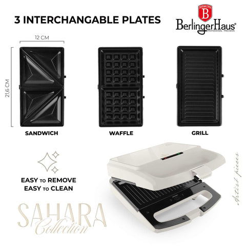 Product image of 3in1 sandwich maker with detachable plates and glass panel. Part of the Sahara Collection . Features: • Material: aluminium, glass, plastic • Power: 800 W • Voltage: 220-240 V, 50/60Hz • Plate size: 21,6*12 cm • NON-STICK coating • Length of power c.... (Studio view). Official Berlinger Haus product, boosted by Promintra sl.