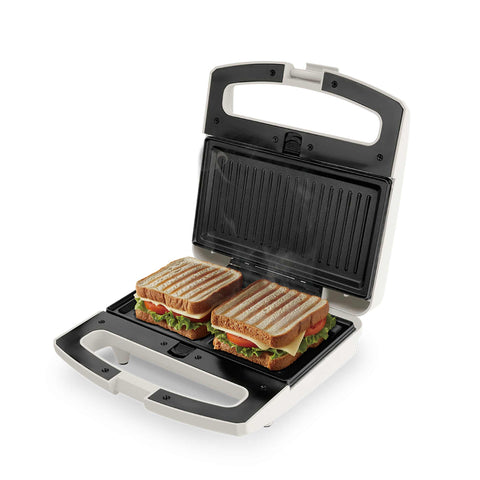 Product image of 3in1 sandwich maker with detachable plates and glass panel. Part of the Sahara Collection . Features: • Material: aluminium, glass, plastic • Power: 800 W • Voltage: 220-240 V, 50/60Hz • Plate size: 21,6*12 cm • NON-STICK coating • Length of power c.... (Studio view). Official Berlinger Haus product, boosted by Promintra sl.