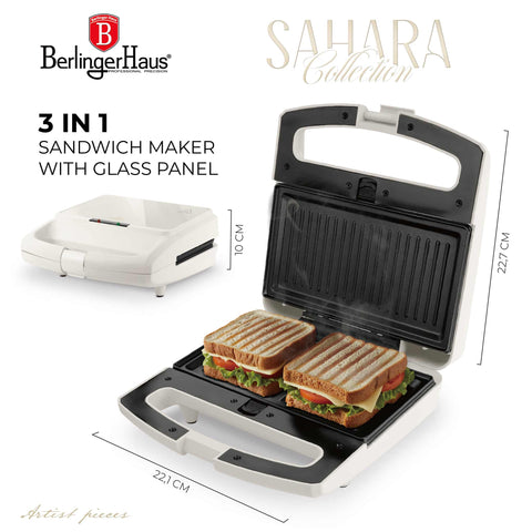 Product image of 3in1 sandwich maker with detachable plates and glass panel. Part of the Sahara Collection . Features: • Material: aluminium, glass, plastic • Power: 800 W • Voltage: 220-240 V, 50/60Hz • Plate size: 21,6*12 cm • NON-STICK coating • Length of power c.... (Studio view). Official Berlinger Haus product, boosted by Promintra sl.