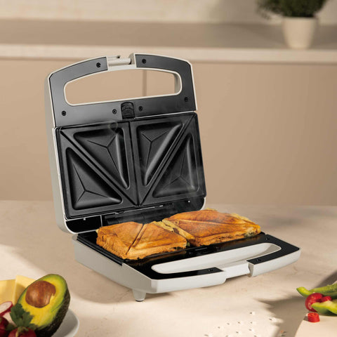 Product image of 3in1 sandwich maker with detachable plates and glass panel. Part of the Sahara Collection . Features: • Material: aluminium, glass, plastic • Power: 800 W • Voltage: 220-240 V, 50/60Hz • Plate size: 21,6*12 cm • NON-STICK coating • Length of power c.... (Studio view). Official Berlinger Haus product, boosted by Promintra sl.