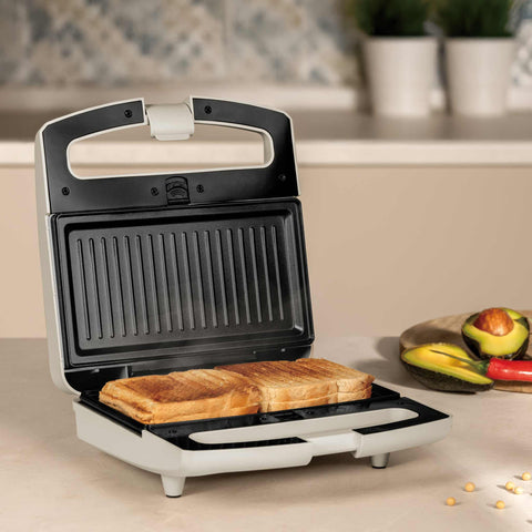 Product image of 3in1 sandwich maker with detachable plates and glass panel. Part of the Sahara Collection . Features: • Material: aluminium, glass, plastic • Power: 800 W • Voltage: 220-240 V, 50/60Hz • Plate size: 21,6*12 cm • NON-STICK coating • Length of power c.... (Studio view). Official Berlinger Haus product, boosted by Promintra sl.