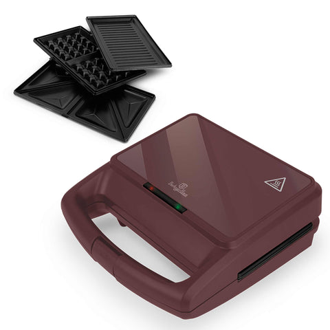 Product image of 3in1 sandwich maker with detachable plates and glass panel. Part of the Leonardo Collection . Features: • Material: aluminium, glass, plastic • Power: 800 W • Voltage: 220-240 V, 50/60Hz • Plate size: 21,6*12 cm • NON-STICK coating • Length of power c.... (Studio view). Official Berlinger Haus product, boosted by Promintra sl.