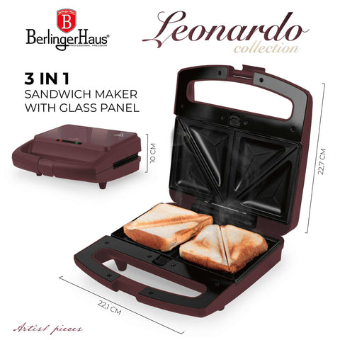 Product image of 3in1 sandwich maker with detachable plates and glass panel. Part of the Leonardo Collection . Features: • Material: aluminium, glass, plastic • Power: 800 W • Voltage: 220-240 V, 50/60Hz • Plate size: 21,6*12 cm • NON-STICK coating • Length of power c.... (Studio view). Official Berlinger Haus product, boosted by Promintra sl.