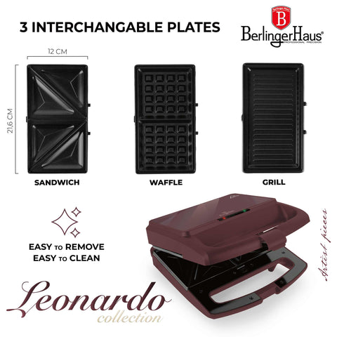 Product image of 3in1 sandwich maker with detachable plates and glass panel. Part of the Leonardo Collection . Features: • Material: aluminium, glass, plastic • Power: 800 W • Voltage: 220-240 V, 50/60Hz • Plate size: 21,6*12 cm • NON-STICK coating • Length of power c.... (Studio view). Official Berlinger Haus product, boosted by Promintra sl.