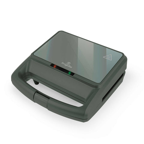 Product image of 3in1 sandwich maker with detachable plates and glass panel. Part of the Matte Green Collection . Features: • Material: aluminium, glass, plastic • Power: 800 W • Voltage: 220-240 V, 50/60Hz • Plate size: 21,6*12 cm • NON-STICK coating • Length of power c.... (Studio view). Official Berlinger Haus product, boosted by Promintra sl.