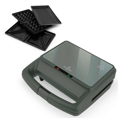 Product image of 3in1 sandwich maker with detachable plates and glass panel. Part of the Matte Green Collection . Features: • Material: aluminium, glass, plastic • Power: 800 W • Voltage: 220-240 V, 50/60Hz • Plate size: 21,6*12 cm • NON-STICK coating • Length of power c.... (Studio view). Official Berlinger Haus product, boosted by Promintra sl.