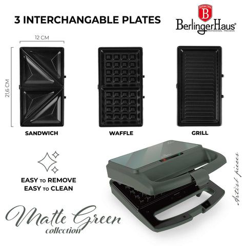 Product image of 3in1 sandwich maker with detachable plates and glass panel. Part of the Matte Green Collection . Features: • Material: aluminium, glass, plastic • Power: 800 W • Voltage: 220-240 V, 50/60Hz • Plate size: 21,6*12 cm • NON-STICK coating • Length of power c.... (Studio view). Official Berlinger Haus product, boosted by Promintra sl.