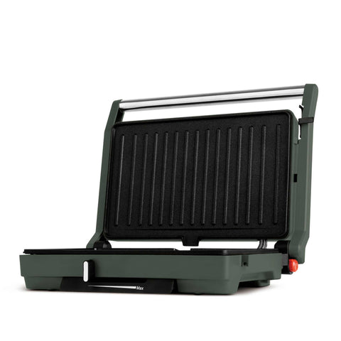 Product image of Electric grill with glass panel. Part of the Matte Green Collection . Features: • Material: aluminium, glass, plastic • Power: 1600 W • Voltage: 220-240 V, 50/60Hz • Plate size: 27,5*17 cm • NON-STICK coating • Length of power .... (Studio view). Official Berlinger Haus product, boosted by Promintra sl.