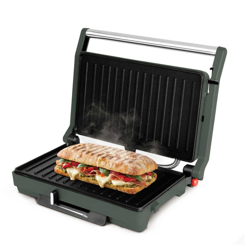 Product image of Electric grill with glass panel. Part of the Matte Green Collection . Features: • Material: aluminium, glass, plastic • Power: 1600 W • Voltage: 220-240 V, 50/60Hz • Plate size: 27,5*17 cm • NON-STICK coating • Length of power .... (Studio view). Official Berlinger Haus product, boosted by Promintra sl.