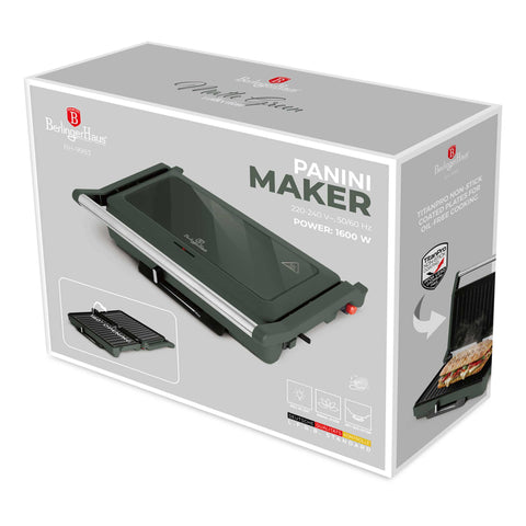 Product image of Electric grill with glass panel. Part of the Matte Green Collection . Features: • Material: aluminium, glass, plastic • Power: 1600 W • Voltage: 220-240 V, 50/60Hz • Plate size: 27,5*17 cm • NON-STICK coating • Length of power .... (Studio view). Official Berlinger Haus product, boosted by Promintra sl.