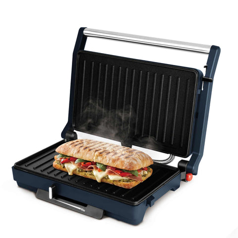 Product image of Electric grill with glass panel. Part of the Deep Sea Collection . Features: • Material: aluminium, glass, plastic • Power: 1600 W • Voltage: 220-240 V, 50/60Hz • Plate size: 27,5*17 cm • NON-STICK coating • Length of power .... (Studio view). Official Berlinger Haus product, boosted by Promintra sl.