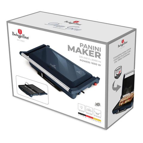 Product image of Electric grill with glass panel. Part of the Deep Sea Collection . Features: • Material: aluminium, glass, plastic • Power: 1600 W • Voltage: 220-240 V, 50/60Hz • Plate size: 27,5*17 cm • NON-STICK coating • Length of power .... (Studio view). Official Berlinger Haus product, boosted by Promintra sl.