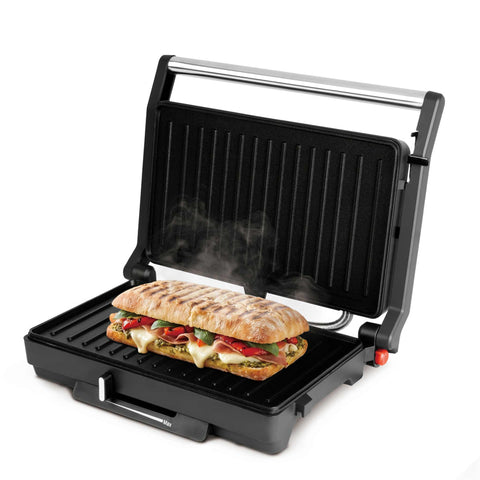Product image of Electric grill with glass panel. Part of the Anthracite Collection . Features: • Material: aluminium, glass, plastic • Power: 1600 W • Voltage: 220-240 V, 50/60Hz • Plate size: 27,5*17 cm • NON-STICK coating • Length of power .... (Studio view). Official Berlinger Haus product, boosted by Promintra sl.