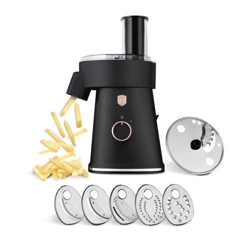 Product image of Electric salad maker. Part of the Black Rose Collection . Features: • Material: stainless steel and plastic • 220-240V, 50/60Hz, 200W • Include: • Thin slicing blade (1,2 mm) • Thick slicing blade (2,4 mm) • Fine sh.... (Studio view). Official Berlinger Haus product, boosted by Promintra sl.