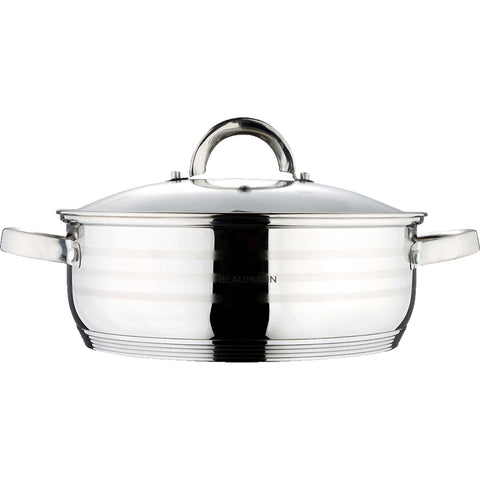 Product image of Shallow pot with lid 22cm. Part of the Blaumann/Gourmet Line . Features: • Shallow pot with glass lid • Material: stainless steel • Size: Ø22*8 cm • Volume: 2,75 l. (Studio view). Official Berlinger Haus product, boosted by Promintra sl.