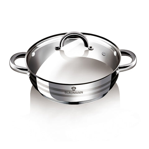 Product image of Shallow pot with lid 22cm. Part of the Blaumann/Gourmet Line . Features: • Shallow pot with glass lid • Material: stainless steel • Size: Ø22*8 cm • Volume: 2,75 l. (Studio view). Official Berlinger Haus product, boosted by Promintra sl.
