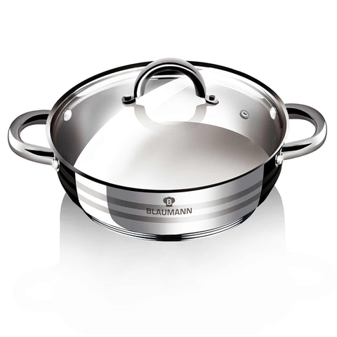 Product image of Shallow pot with lid 24cm. Part of the Blaumann/Gourmet Line . Features: • Shallow pot with glass lid • Material: stainless steel • Size: Ø24*9 cm • Volume: 3,75 l. (Studio view). Official Berlinger Haus product, boosted by Promintra sl.