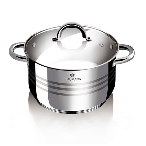 Product image of Stock pot with lid 18cm. Part of the Blaumann/Gourmet Line . Features: • Stock pot with glass lid • Material: stainless steel • Size: 18*13 cm • Volume: 3,2 l. (Studio view). Official Berlinger Haus product, boosted by Promintra sl.
