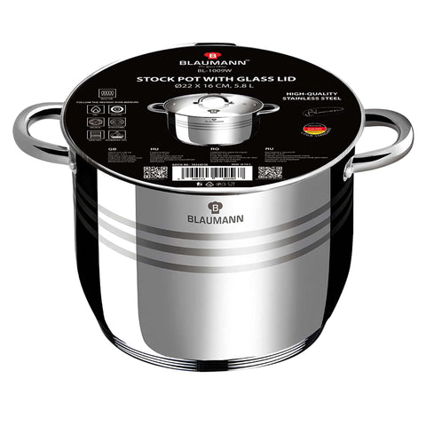 Product image of Stock pot with lid 22cm. Part of the Blaumann/Gourmet Line . Features: • Stock pot with glass lid • Material: stainless steel • Size: 22*16 cm • Volume: 5,8 l. (Giftbox view). Official Berlinger Haus product, boosted by Promintra sl.