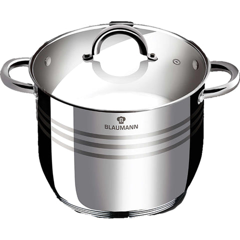 Product image of Stock pot with lid 24cm. Part of the Blaumann/Gourmet Line . Features: • Stock pot with glass lid • Material: stainless steel • Size: 24*17 cm • Volume: 7,7 l. (Studio view). Official Berlinger Haus product, boosted by Promintra sl.