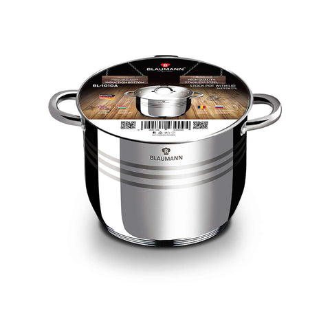 Product image of Stock pot with lid 24cm. Part of the Blaumann/Gourmet Line . Features: • Stock pot with glass lid • Material: stainless steel • Size: 24*17 cm • Volume: 7,7 l. (Studio view). Official Berlinger Haus product, boosted by Promintra sl.