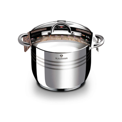 Product image of Stock pot with lid 26cm. Part of the Blaumann/Gourmet Line . Features: • Stock pot with glass lid • Material: stainless steel • Size: 26*19 cm • Volume: 9,5 l. (Giftbox view). Official Berlinger Haus product, boosted by Promintra sl.