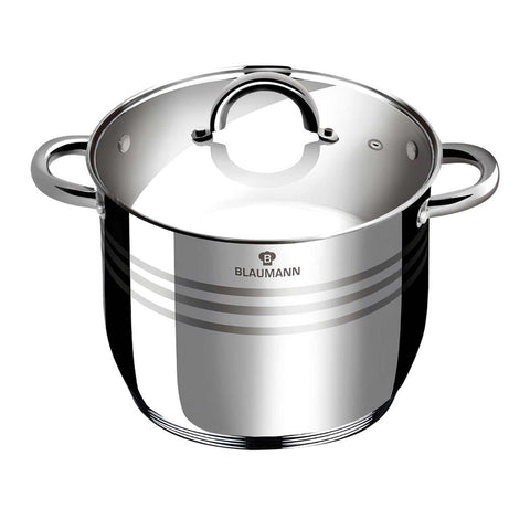 Product image of Stock pot with lid 26cm. Part of the Blaumann/Gourmet Line . Features: • Stock pot with glass lid • Material: stainless steel • Size: 26*19 cm • Volume: 9,5 l. (Studio view). Official Berlinger Haus product, boosted by Promintra sl.