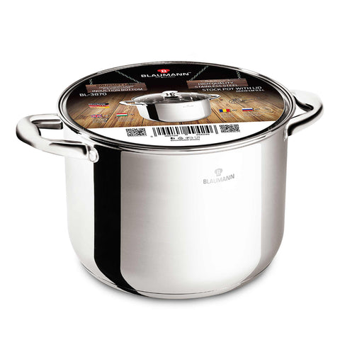 Product image of Stock pot with lid 26cm. Part of the Blaumann/Gourmet Line . Features: • Stock pot with glass lid • Material: stainless steel • Size: 26*19 cm • Volume: 9,5 l. (Studio view). Official Berlinger Haus product, boosted by Promintra sl.