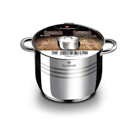 Product image of Stock pot with lid 26cm. Part of the Blaumann/Gourmet Line . Features: • Stock pot with glass lid • Material: stainless steel • Size: 26*19 cm • Volume: 9,5 l. (Studio view). Official Berlinger Haus product, boosted by Promintra sl.