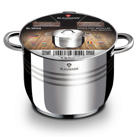 Product image of Stock pot with lid 28cm. Part of the Blaumann/Gourmet Line . Features: • Stock pot with glass lid • Material: stainless steel • Size: 28*21,5 cm • Volume: 12,5 l. (Giftbox view). Official Berlinger Haus product, boosted by Promintra sl.