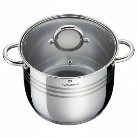 Product image of Stock pot with lid 30cm. Part of the Blaumann/Gourmet Line . Features: • Stock pot with glass lid • Material: stainless steel • Size: 30*23 cm • Volume: 15,5 l. (Studio view). Official Berlinger Haus product, boosted by Promintra sl.