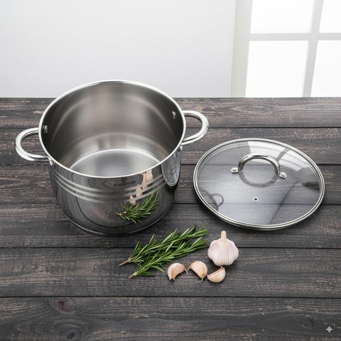 Product image of Stock pot with lid 30cm. Part of the Blaumann/Gourmet Line . Features: • Stock pot with glass lid • Material: stainless steel • Size: 30*23 cm • Volume: 15,5 l. (Studio view). Official Berlinger Haus product, boosted by Promintra sl.