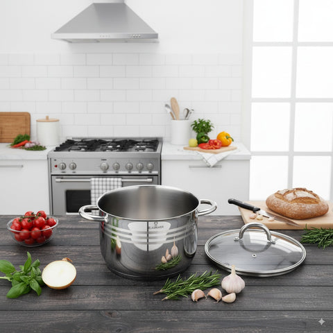 Product image of Stock pot with lid 30cm. Part of the Blaumann/Gourmet Line . Features: • Stock pot with glass lid • Material: stainless steel • Size: 30*23 cm • Volume: 15,5 l. (Studio view). Official Berlinger Haus product, boosted by Promintra sl.