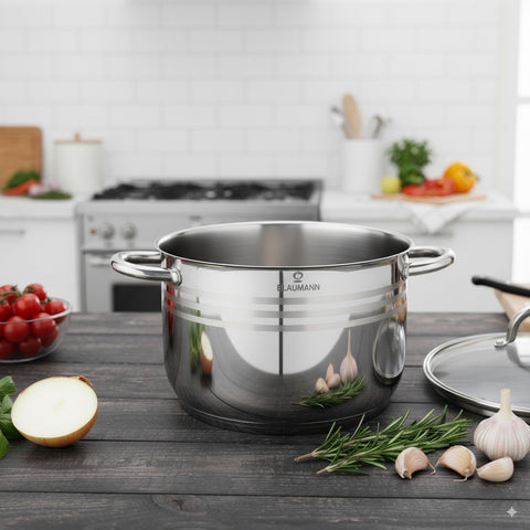 Product image of Stock pot with lid 30cm. Part of the Blaumann/Gourmet Line . Features: • Stock pot with glass lid • Material: stainless steel • Size: 30*23 cm • Volume: 15,5 l. (Studio view). Official Berlinger Haus product, boosted by Promintra sl.