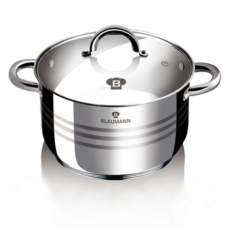 Product image of Casserole with lid 16cm. Part of the Blaumann/Gourmet Line . Features: • Casserole with glass lid • Material: stainless steel • Size: Ø16*10 cm • Volume: 1,8 l. (Studio view). Official Berlinger Haus product, boosted by Promintra sl.
