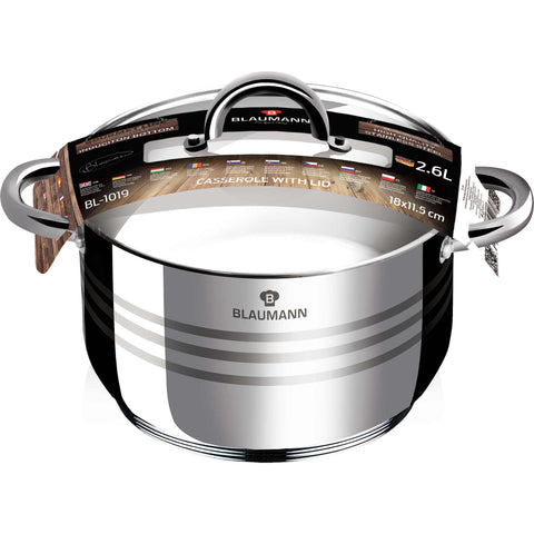 Product image of Casserole with lid 18cm. Part of the Blaumann/Gourmet Line . Features: • Casserole with glass lid • Material: stainless steel • Size: Ø18*11 cm • Volume: 2,6 l. (Studio view). Official Berlinger Haus product, boosted by Promintra sl.