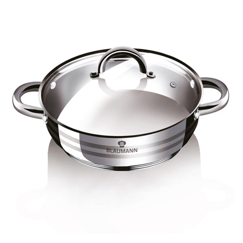 Product image of Shallow pot with lid 28cm. Part of the Blaumann/Gourmet Line . Features: • Shallow pot with glass lid • Material: stainless steel • Size: Ø28*9,5 cm • Volume: 5,3 l. (Studio view). Official Berlinger Haus product, boosted by Promintra sl.